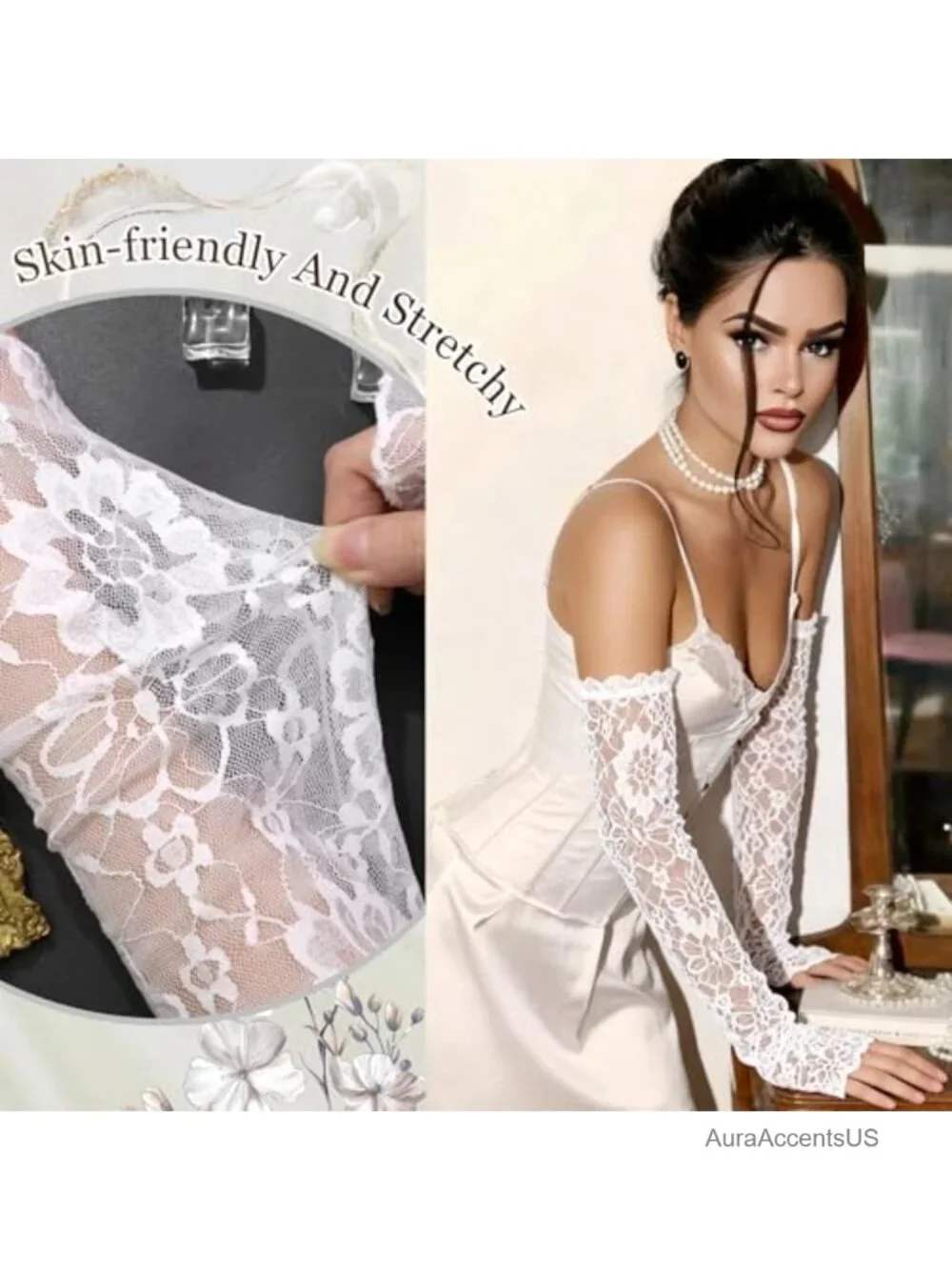 Fingerless Lace Gloves Elbow Length Floral Bridal Arm Sleeves Stretchy